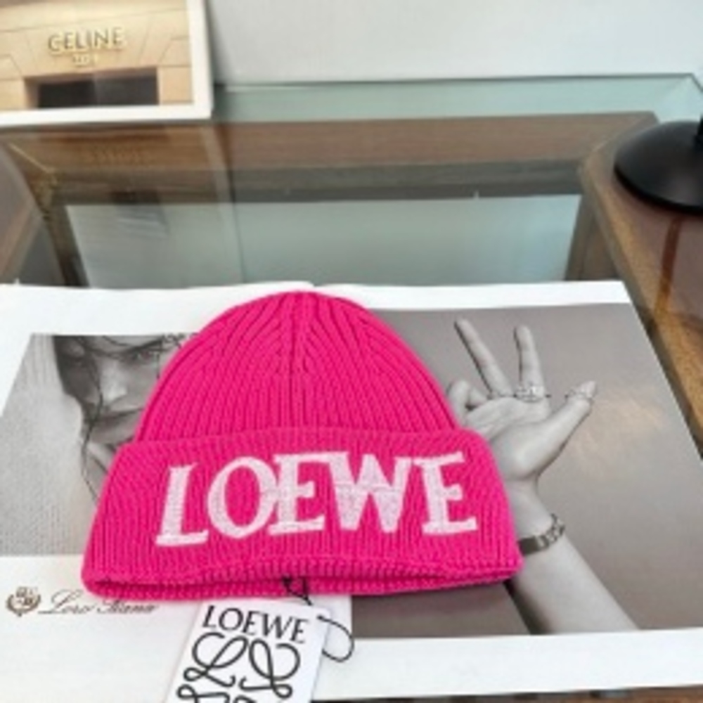 💗LOEWE💗Hot Pink Ribbed Knit Beanie White Embroidered Logo